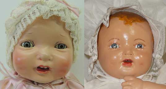 original doll on left and poor restoration on right